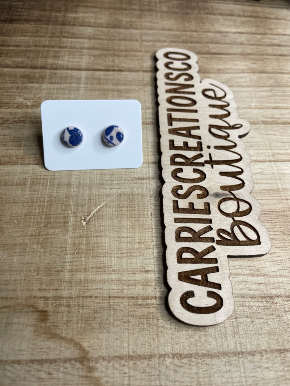 Handmade Clay Stud Earrings in White and Blue